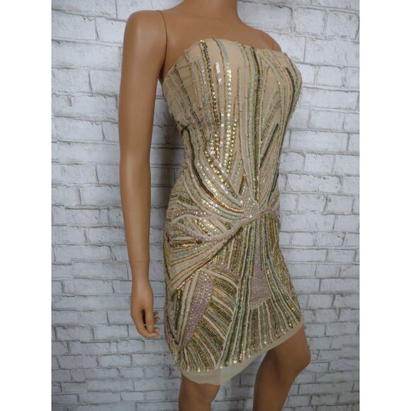 $1400 Jean Louis Scherrer Sequin Beaded Beize Mini Sheath Dress Small NEW - Picture 4 of 13
